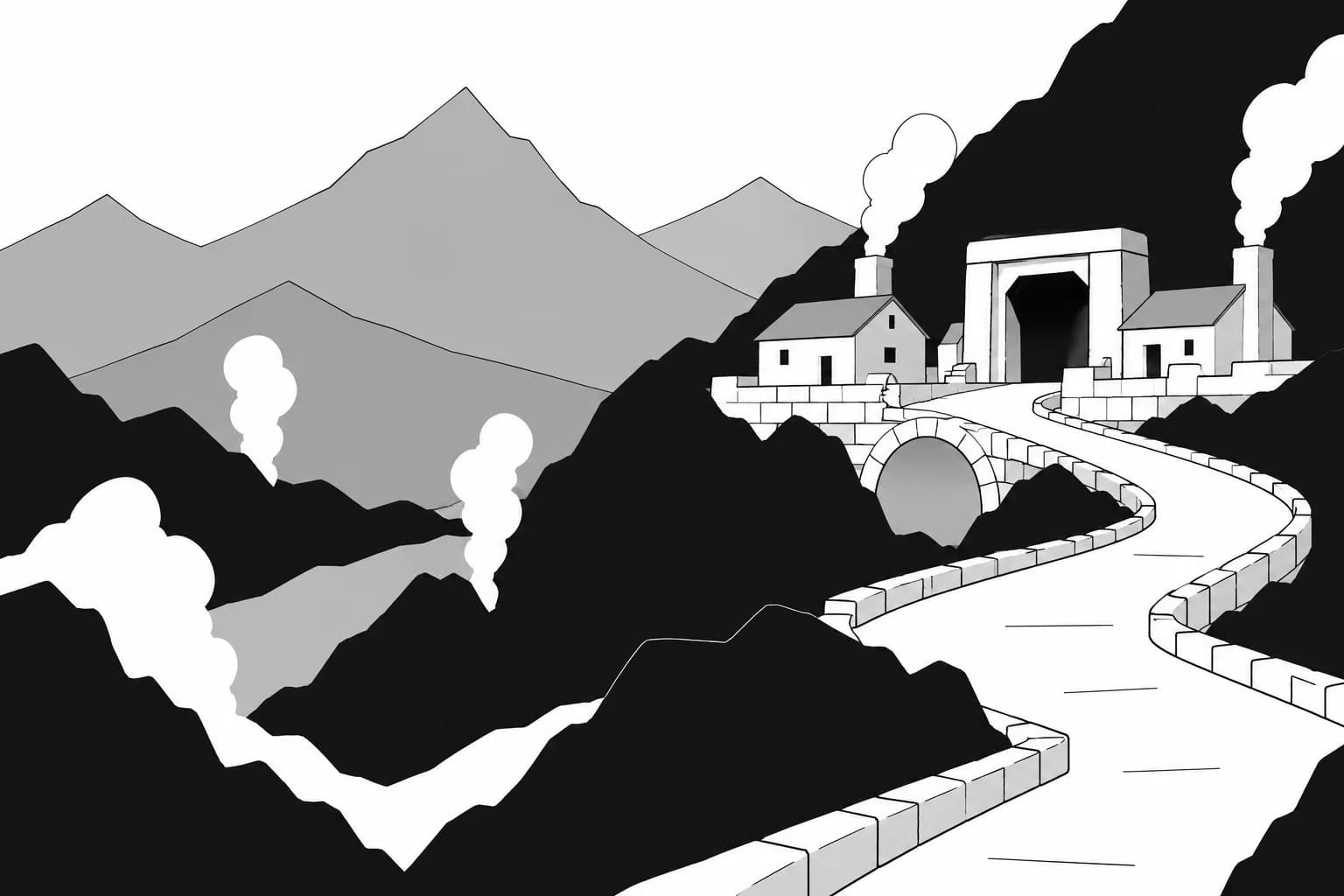 A winding road climbs black volcanic ridges toward Cinderhold’s forge chimneys.