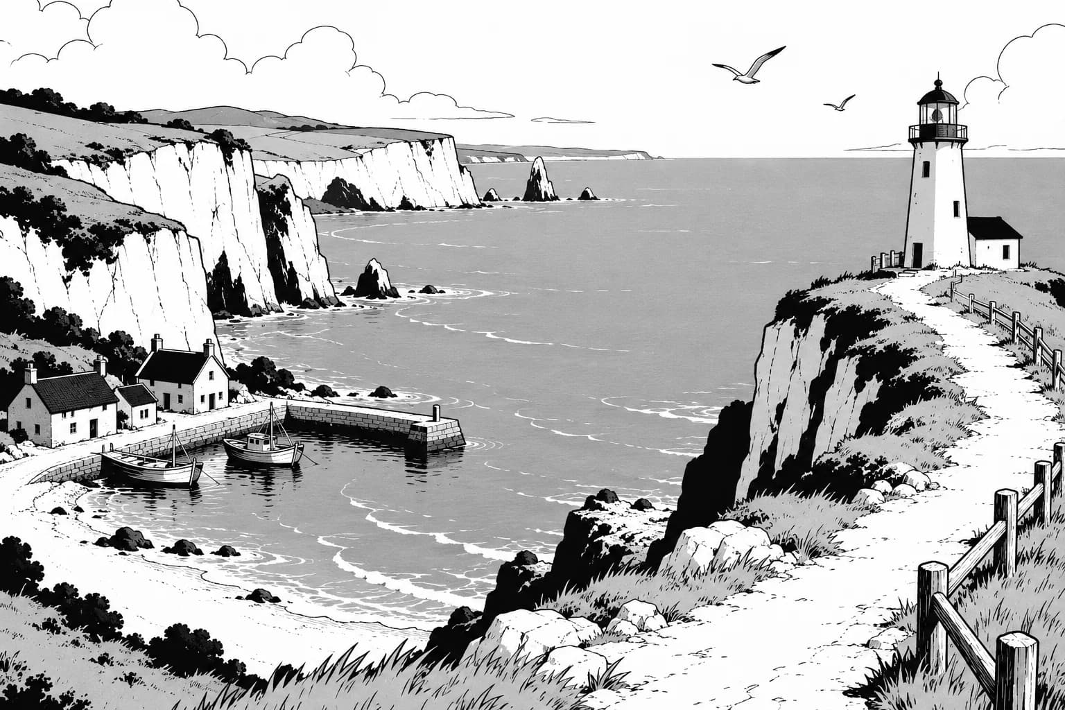 Fishing boats below sea cliffs, with a winding path to a lonely lighthouse.