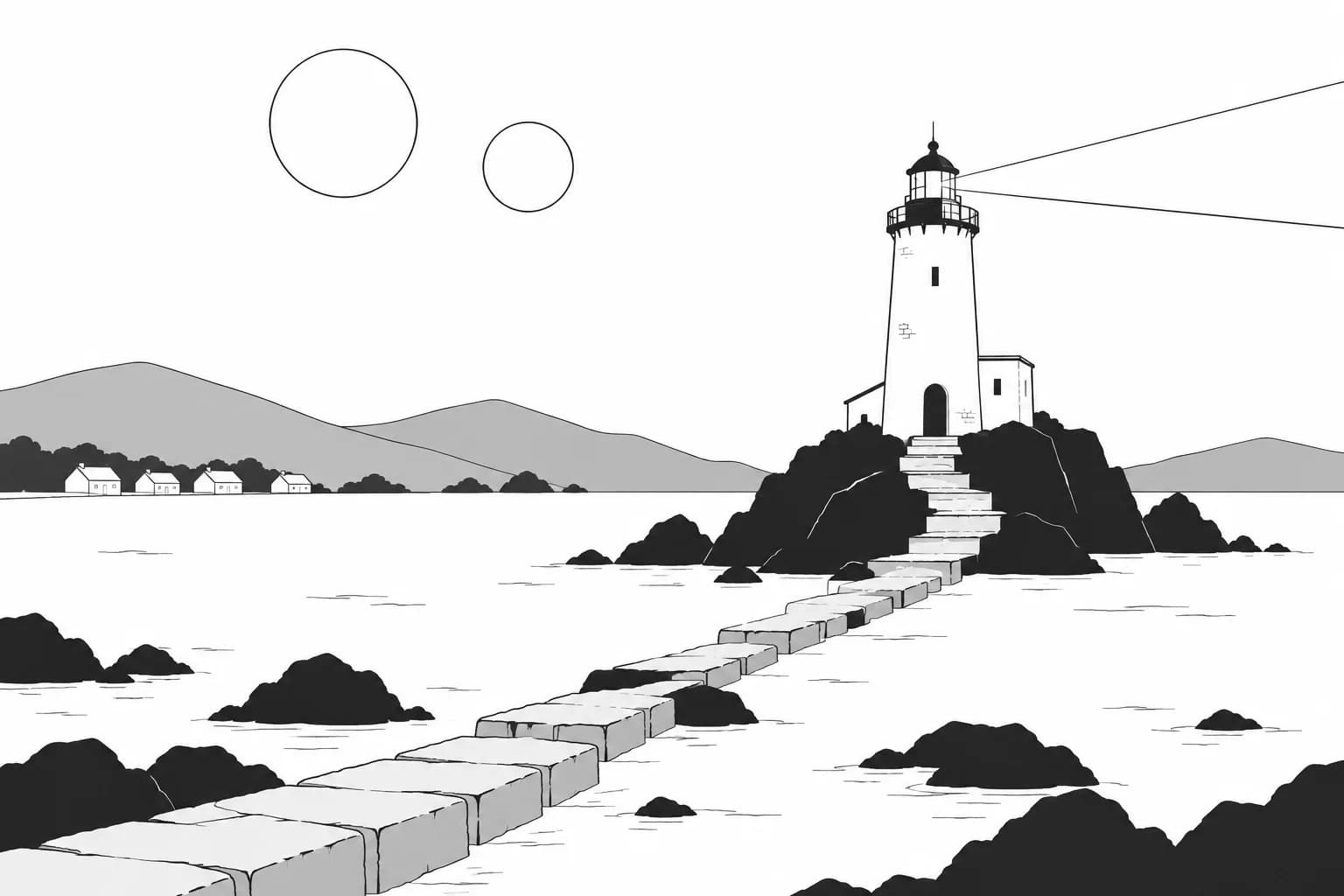 A lighthouse shines over a flooded causeway beneath two moons.