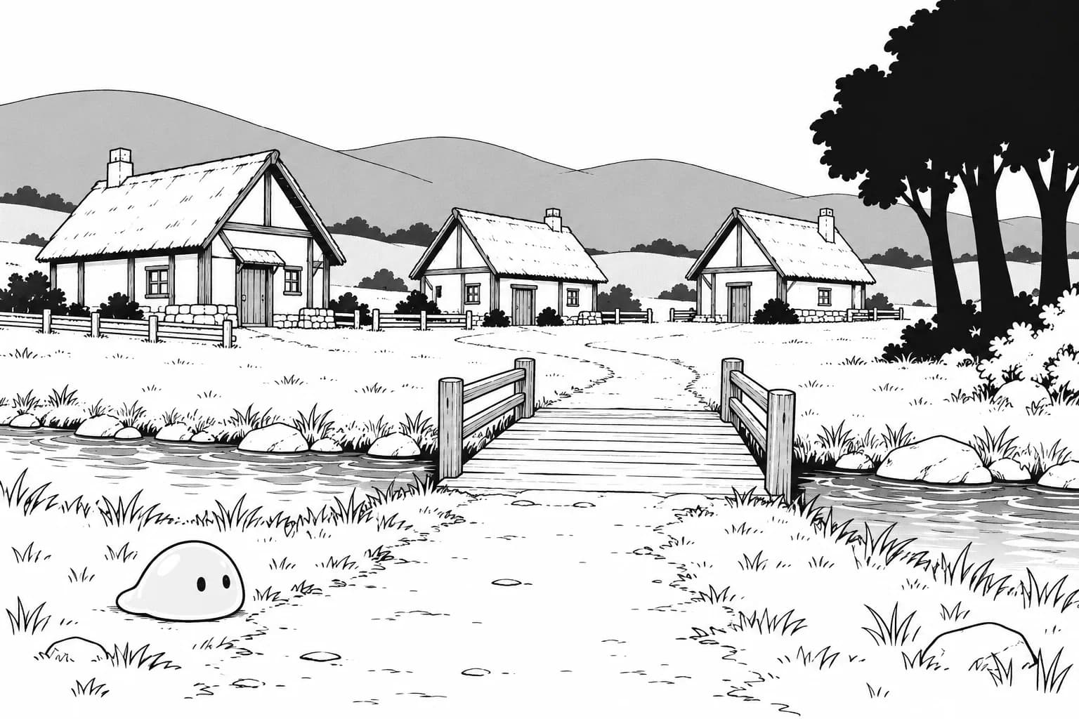 A small slime beside a bridge leading to Brookhollow’s cottages and wooded hills.