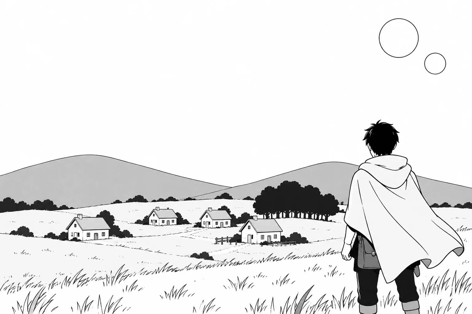 A newcomer in a simple cloak overlooks a village under Twillune’s two moons.